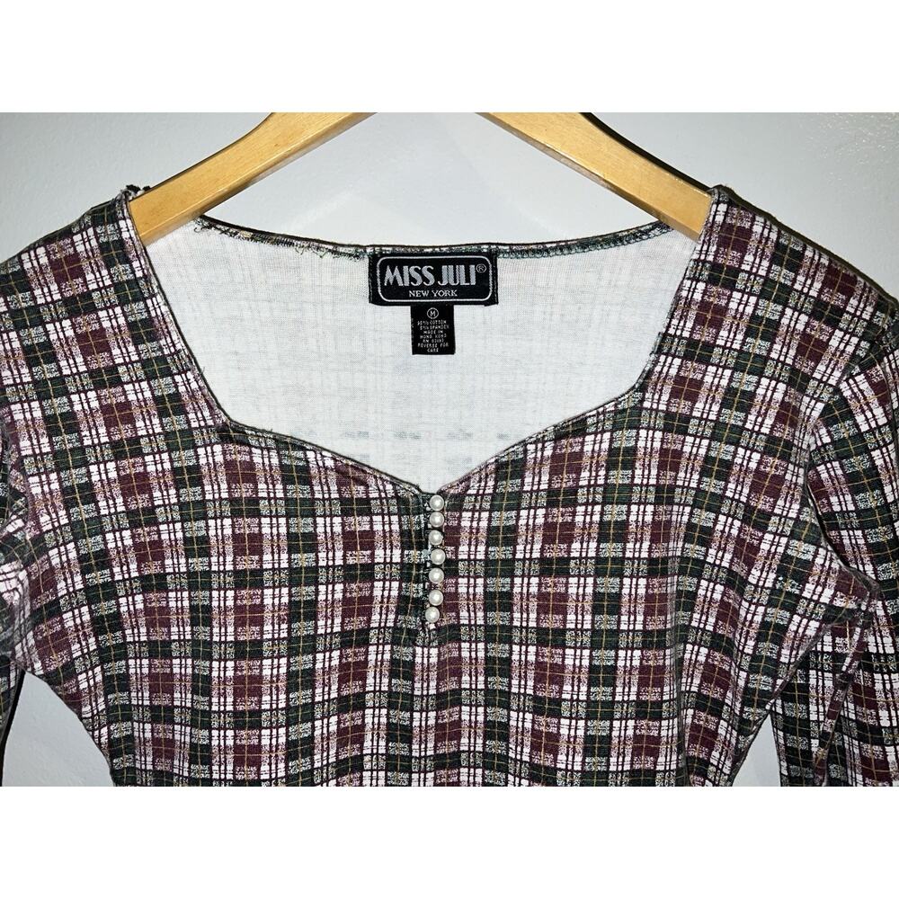 Vtg Miss Juli Bodysuit Top Leotard Purple Green Plaid Faux Pearl Buttons -Sz M - Picture 10 of 10